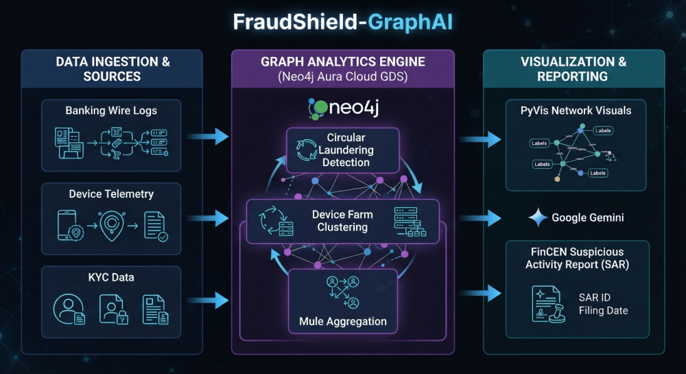 Enterprise FinCrime graph architecture diagram showing multi-entity banking ingestion, Neo4j GDS pattern detection, and Google Gemini autonomous SAR generation