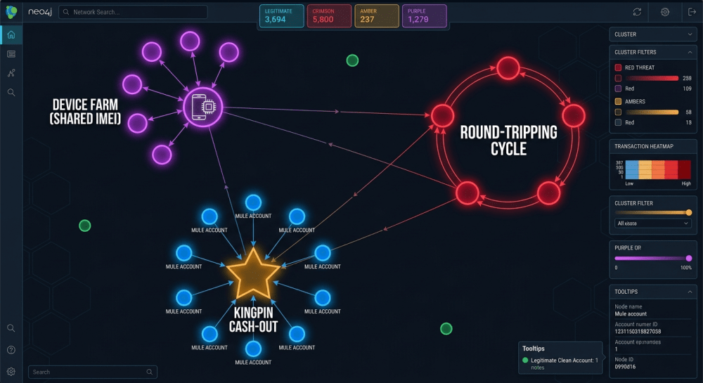 Interactive financial crime graph forensics showing circular laundering ring, mule funnels, and synthetic device farm cluster