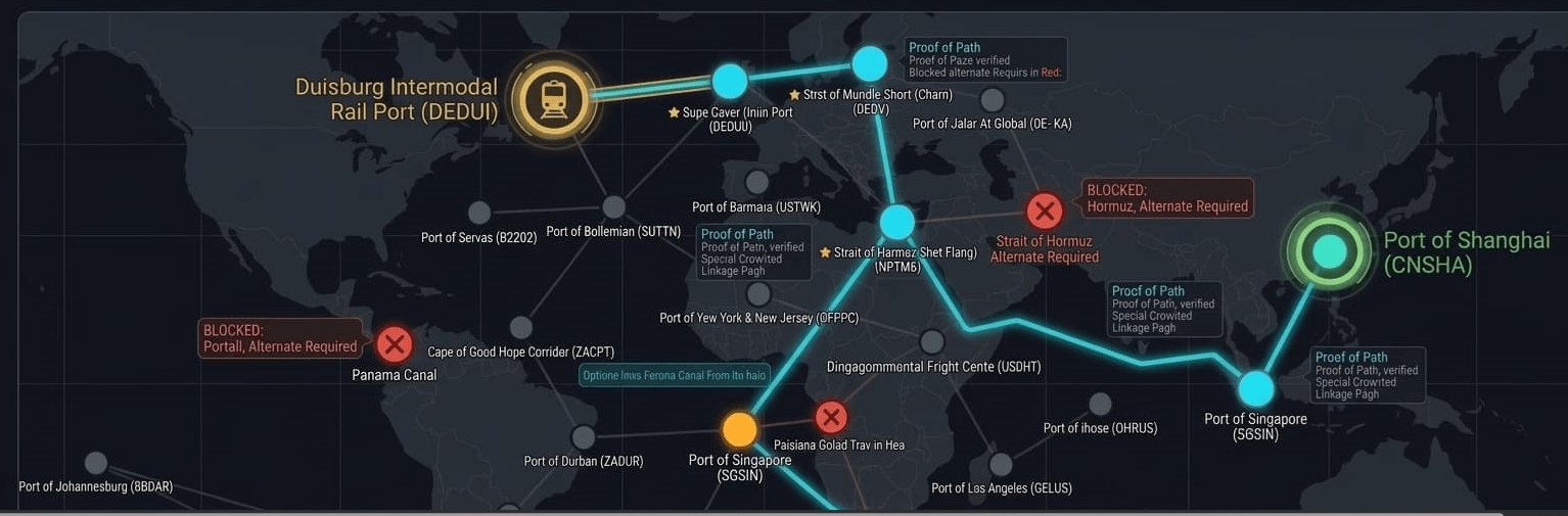 Global multi-modal logistics corridor topology map showing container shipping lanes from Port of Shanghai to Duisburg Intermodal Rail Port with simulated geopolitical chokepoint blockages at Suez, Hormuz, and Panama Canal using Neo4j Graph Data Science.